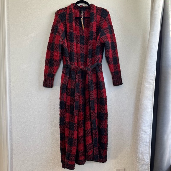 SKIMS Brick Buffalo Check Cozy Knit Robe – Red/Black (S/M) NWOT